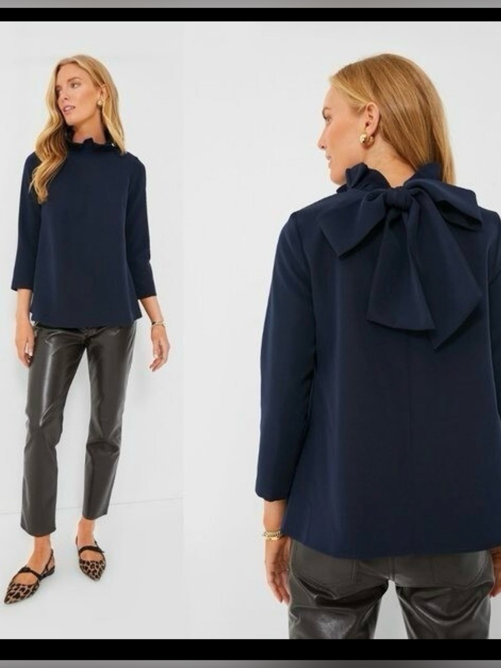 Tuckernuck Navy Ruffle Neck Bow Back Blouse Top NWT Size XXL Elegant Chic - Picture 12 of 13